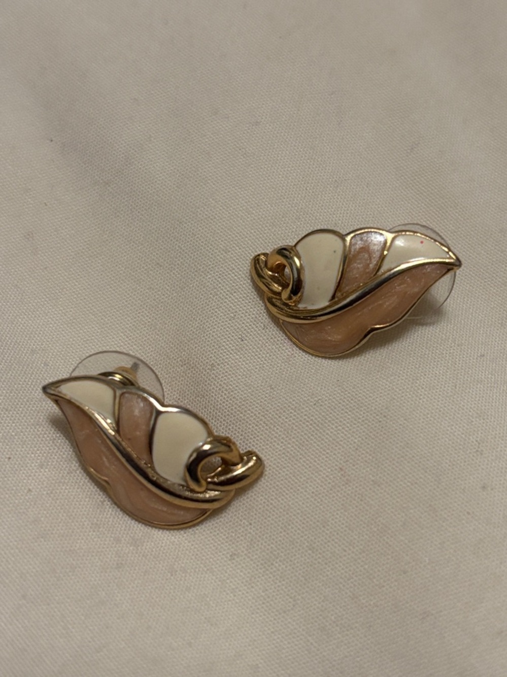 Gold-Tone Pink and Cream Enamel Leaf Stud Earrings